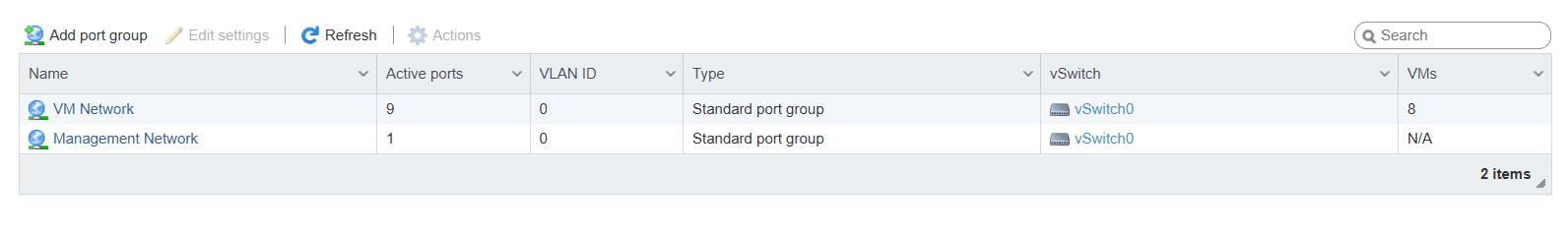 Port groups : VM Network et Management Network